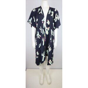 FILLY FLAIR - WOMEN'S BLUE CACTUS PRINT SILKY TEXTURED DUSTER TOP - SIZE S